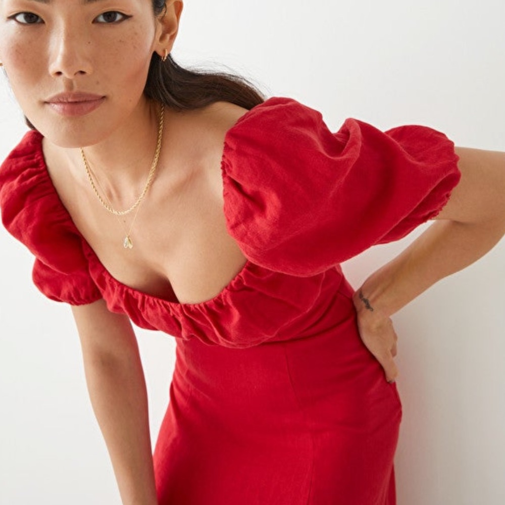 NEVER WORN | Cherry Red Midi Puff Sleeve Dress